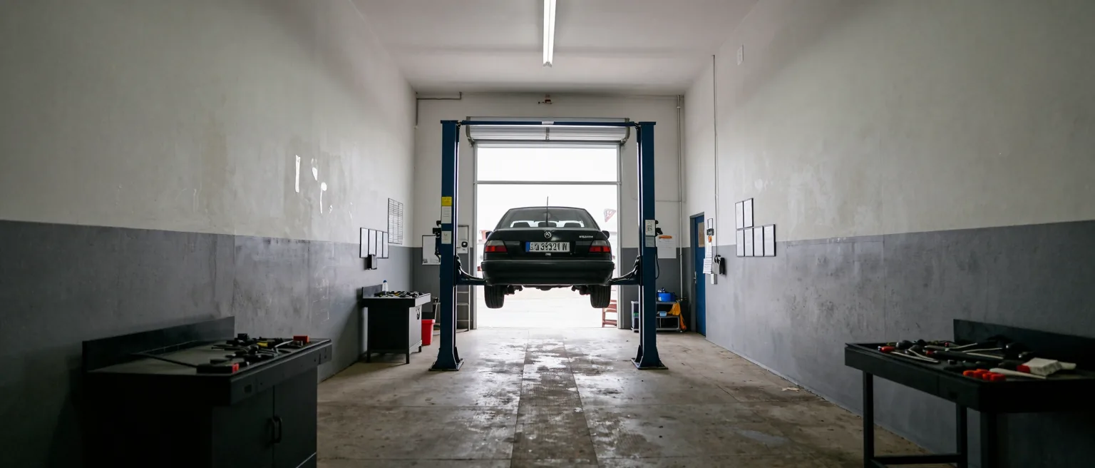 Kuvituskuva: auto nostimella korjaamohallissa